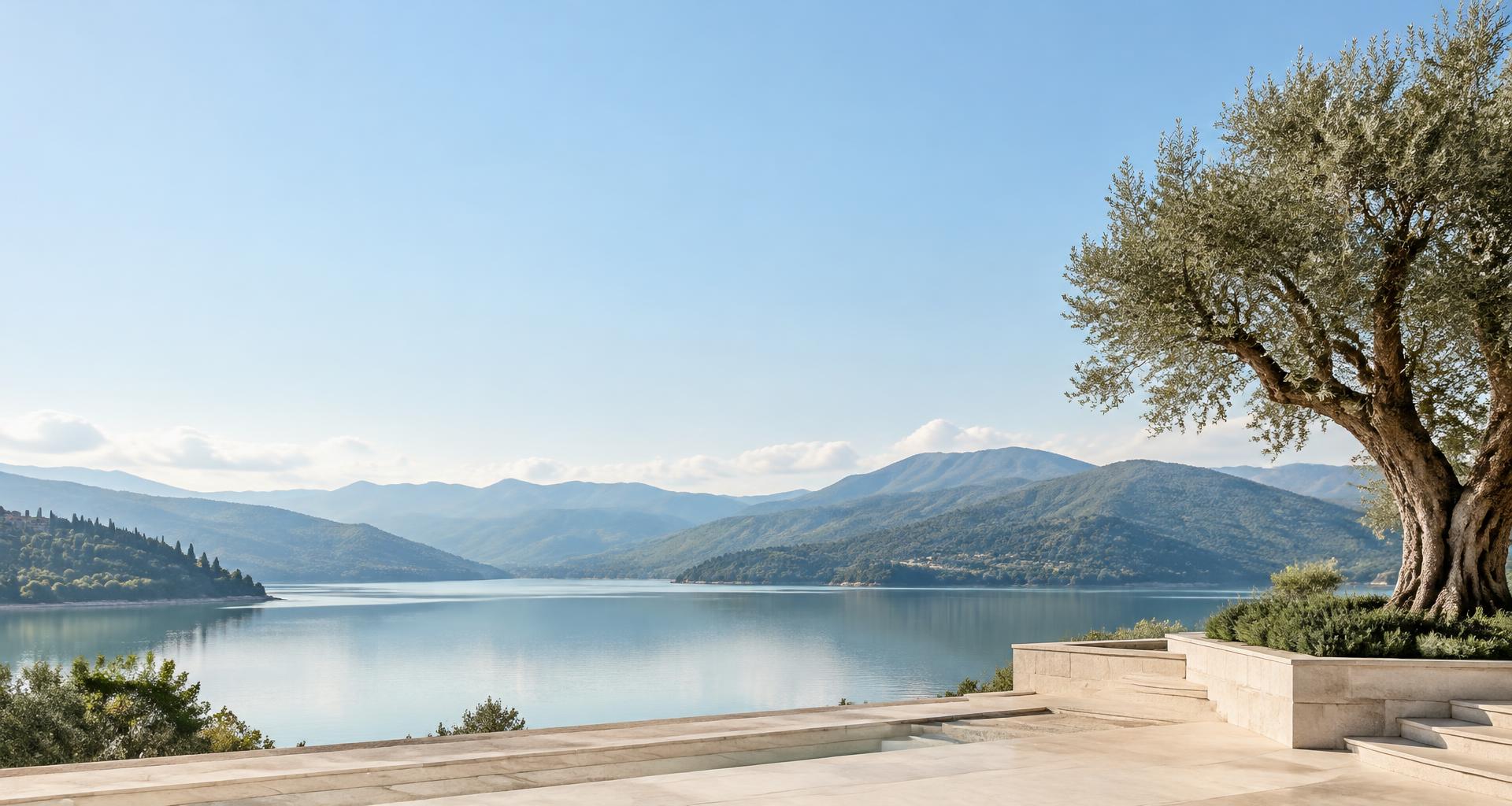 A serene lake and a mature tree overlooking sunlit hills